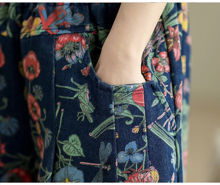 Jeans Blume Floral Print Herbst Breite Bein Hose Frauen Lose Gefaltete Mode Damen Übergroßen Hosen Elastische Taille Frau Hosen