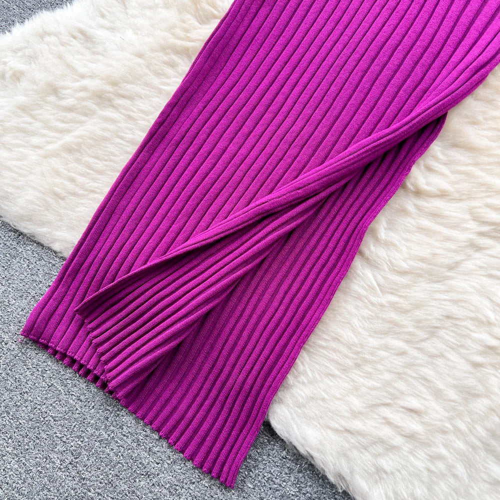 YuooMuoo Chic Mode Sexy Wrap Hüften Split Gestrickte Herbst Kleid Frauen Dünne Elastische Bodycon Langes Kleid Streetwear Outfits Vestido
