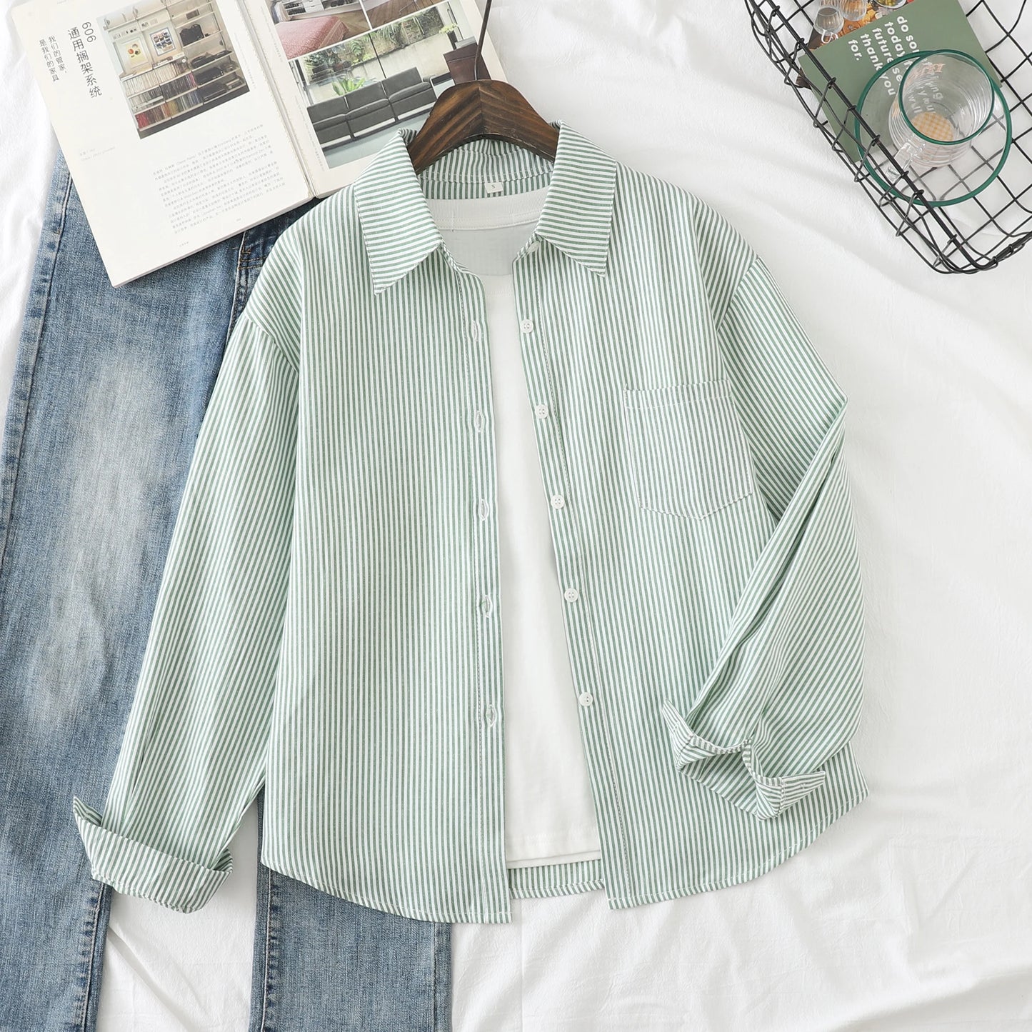 Einfache weiß blau rot gestreifte Hemd Frauen Frühling neue weibliche lässige Langarm Blusen und Tops Mode Damen Kleidung