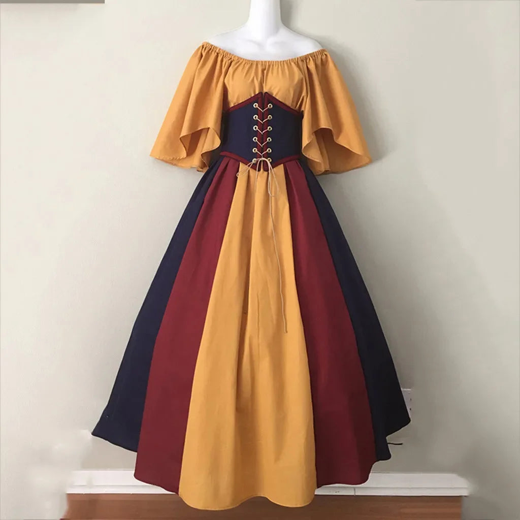 Halloween-Kostüme für Damen, mittelalterlich, Retro, Kontrastfarbe, schmales Swing-Kleid, Ein-Wort-Schulterkleid, Love Live Cosplay