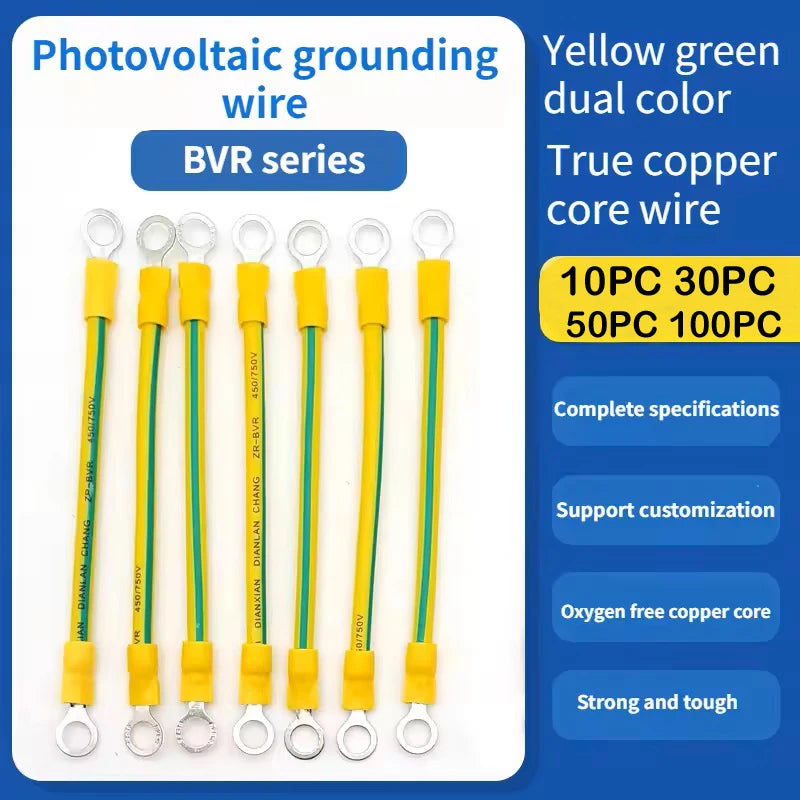 10AWG 12AWG 14AWG Solar-PV-Erdungskabel mit Anschluss 2,5 mm, 4 mm, 6 mm Erdungsdrahtloch, 6 mm gelb-grünes flexibles Kupfer-Erdungskabel