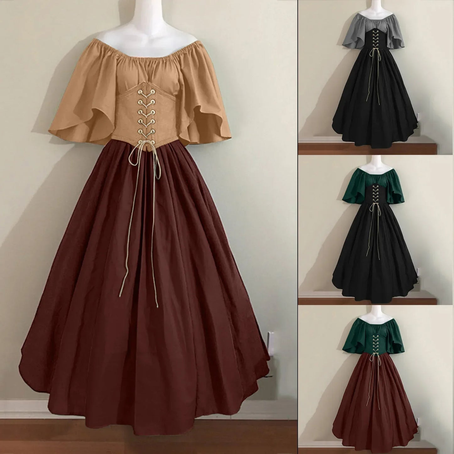 Halloween-Kostüme für Damen, mittelalterlich, Retro, Kontrastfarbe, schmales Swing-Kleid, Ein-Wort-Schulterkleid, Love Live Cosplay