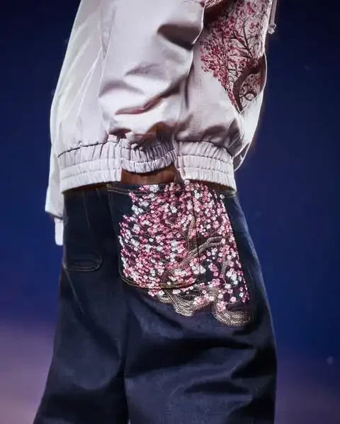 Hip Hop Kirschblüten bestickte Jeans Vintage niedrige Taille weites Bein Hose Y2K Kleidung Herren Damen bestickte Baggy Jeans