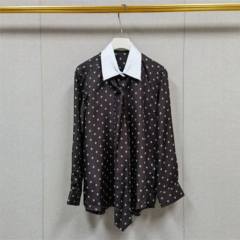 2025 herbst Neue frauen Krawatte Kontrast Farbe Drehen-unten Kragen Hemd Einreiher Lange Ärmeln Dame Floral Gedruckt braun Top