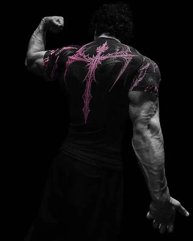 GYM-T-Shirt für Herren, dunkler Gothic-Druck, Muskel-T-Shirt, hohe Elastizität und schnell trocknende Übung für Bodybuilding-Training, 2025, Sommer