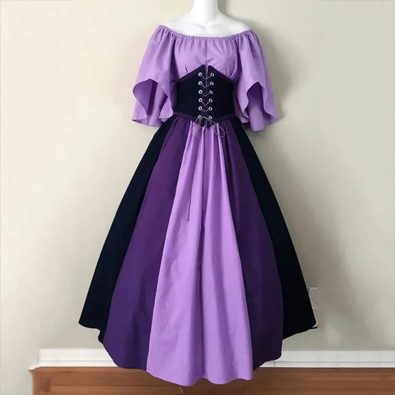 Halloween-Kostüme für Damen, mittelalterlich, Retro, Kontrastfarbe, schmales Swing-Kleid, Ein-Wort-Schulterkleid, Love Live Cosplay