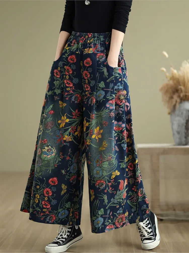 Jeans Blume Floral Print Herbst Breite Bein Hose Frauen Lose Gefaltete Mode Damen Übergroßen Hosen Elastische Taille Frau Hosen