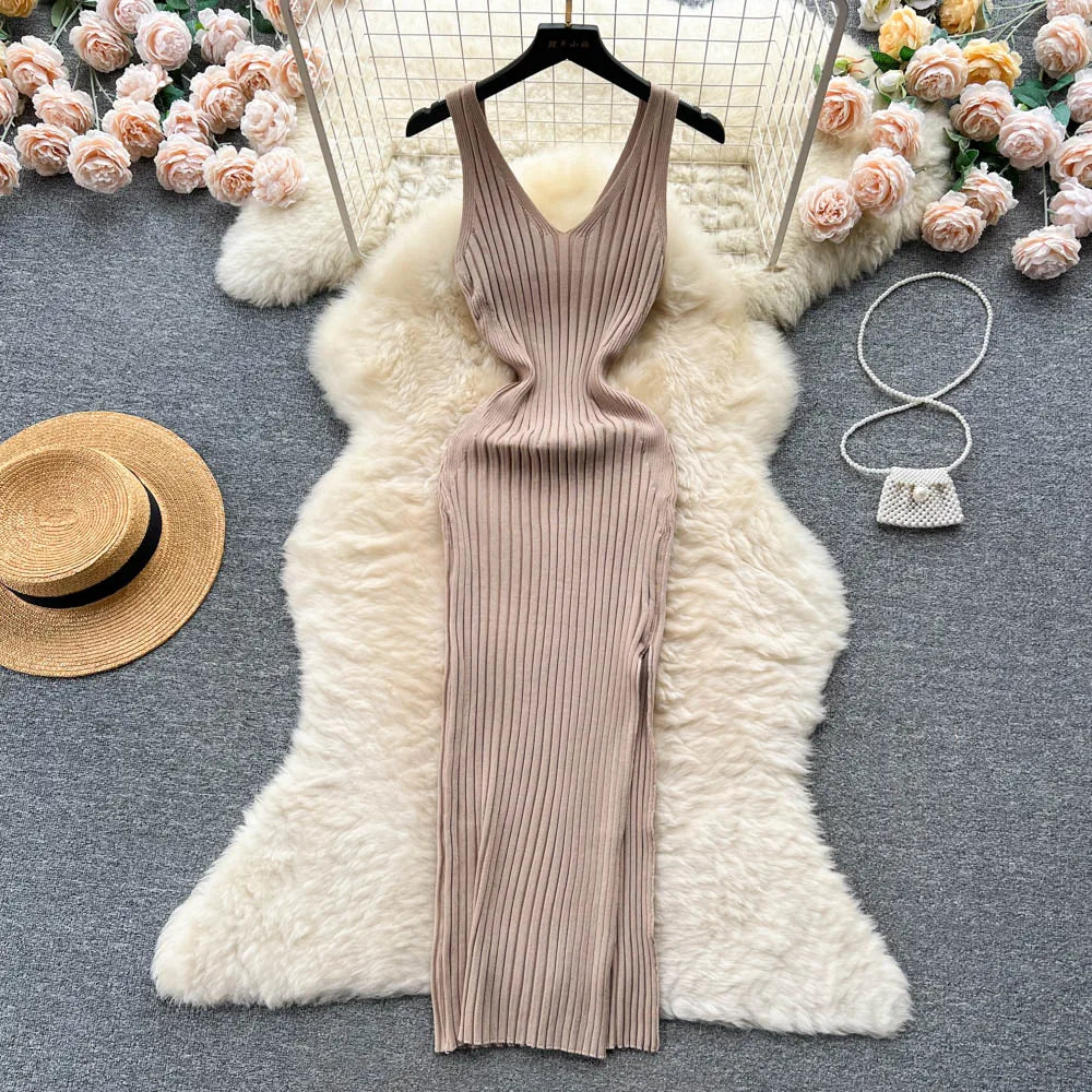 YuooMuoo Chic Mode Sexy Wrap Hüften Split Gestrickte Herbst Kleid Frauen Dünne Elastische Bodycon Langes Kleid Streetwear Outfits Vestido