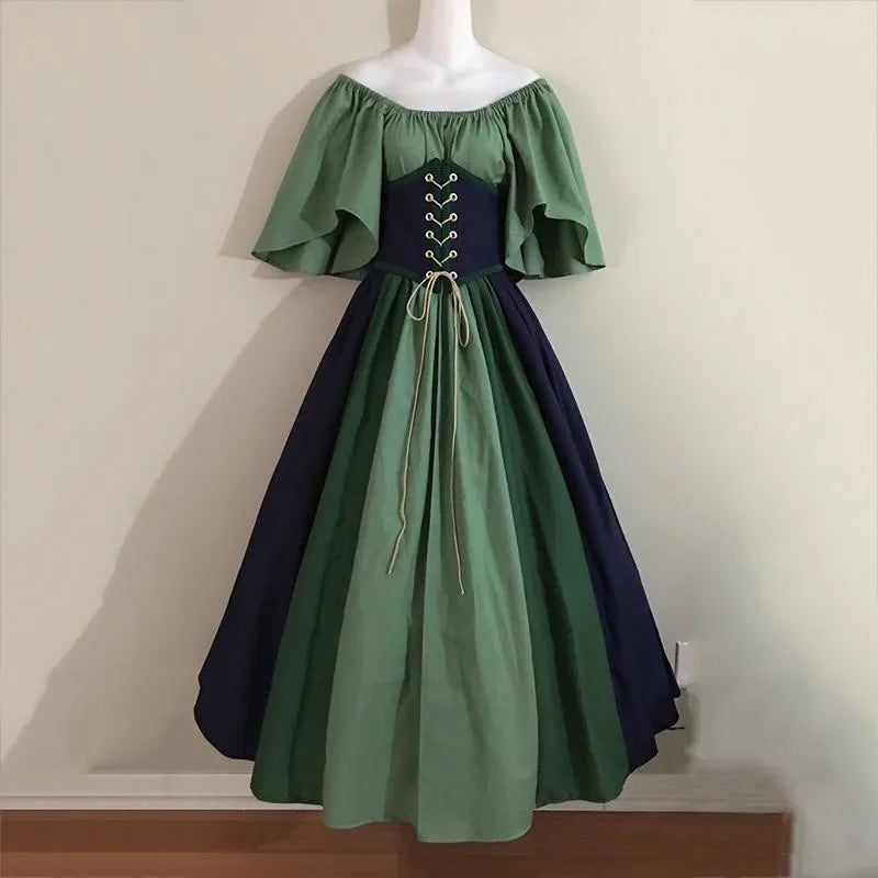 Halloween-Kostüme für Damen, mittelalterlich, Retro, Kontrastfarbe, schmales Swing-Kleid, Ein-Wort-Schulterkleid, Love Live Cosplay
