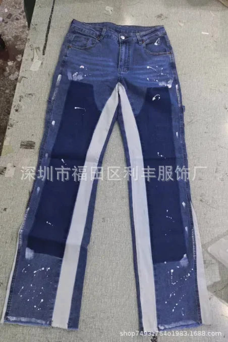 Herrenmode-Jeans-Arbeitshose, europäische und amerikanische Mode-Arbeitskleidung, elastische Patchwork-Denim-Layered-Schlaghose S-XXL