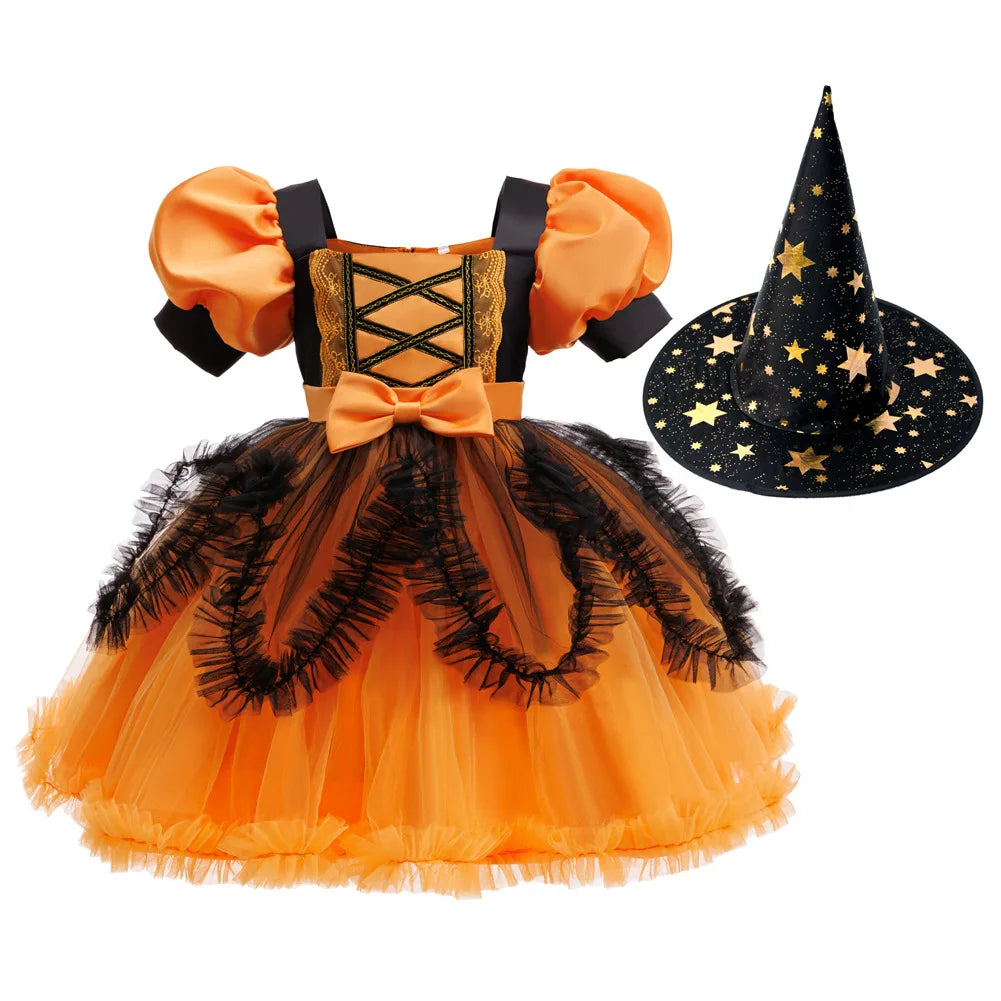 Halloween-Kostüm für Mädchen, Cosplay, Performance, Kinderkleid, orangefarbenes Kleid + Kürbis, komplettes Set an Kostümen für besondere Anlässe