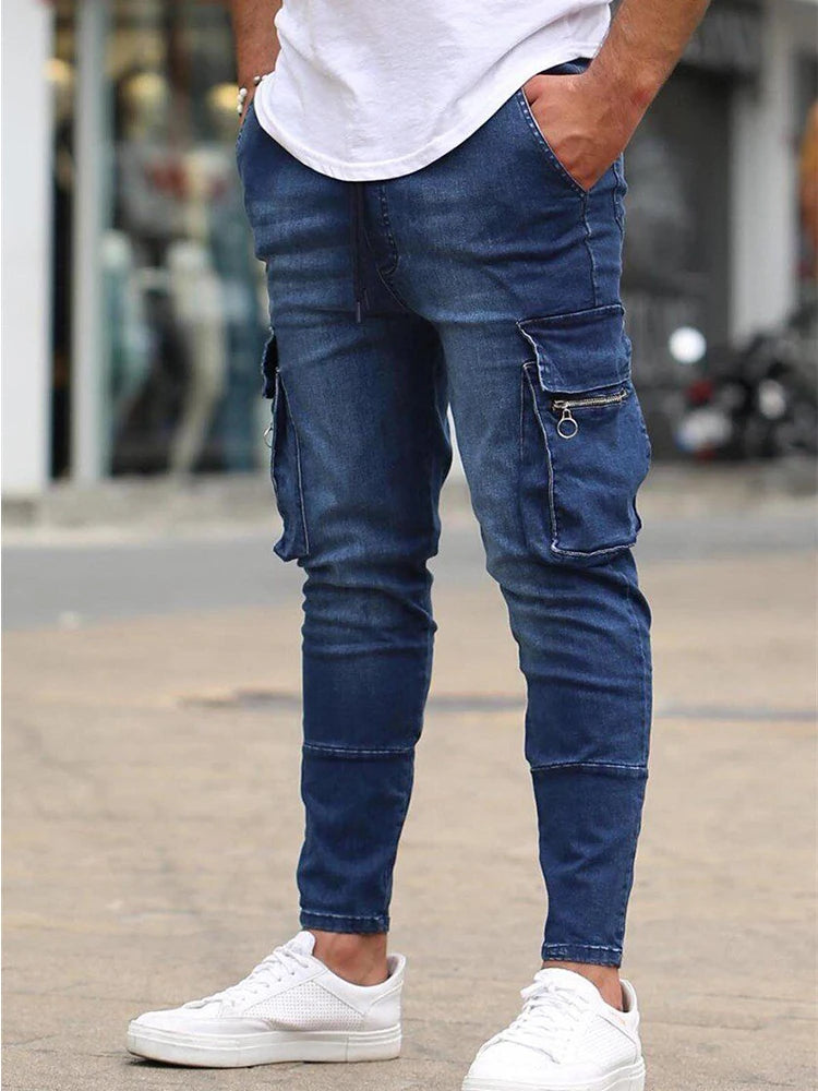 Jeans Männer Denim Cargo Hosen Waschen Einfarbig Multi Taschen Casual Mittlere Taille Hosen Straße Elasti Slim Fit Täglichen Tragen Jogger