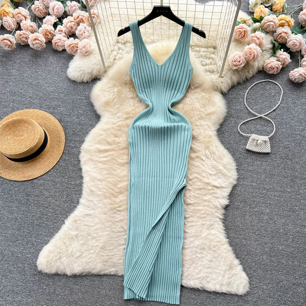 YuooMuoo Chic Mode Sexy Wrap Hüften Split Gestrickte Herbst Kleid Frauen Dünne Elastische Bodycon Langes Kleid Streetwear Outfits Vestido