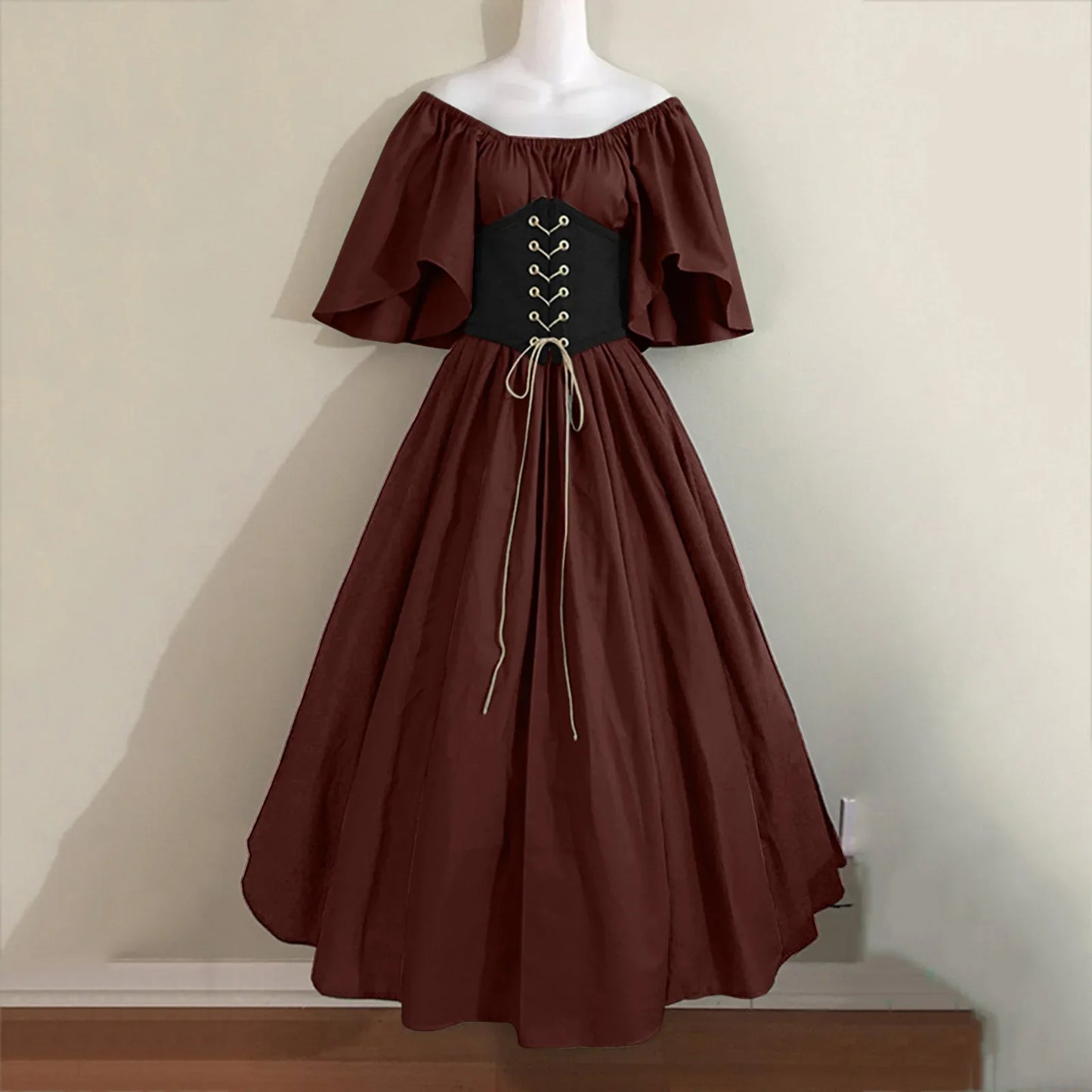 Halloween-Kostüme für Damen, mittelalterlich, Retro, Kontrastfarbe, schmales Swing-Kleid, Ein-Wort-Schulterkleid, Love Live Cosplay