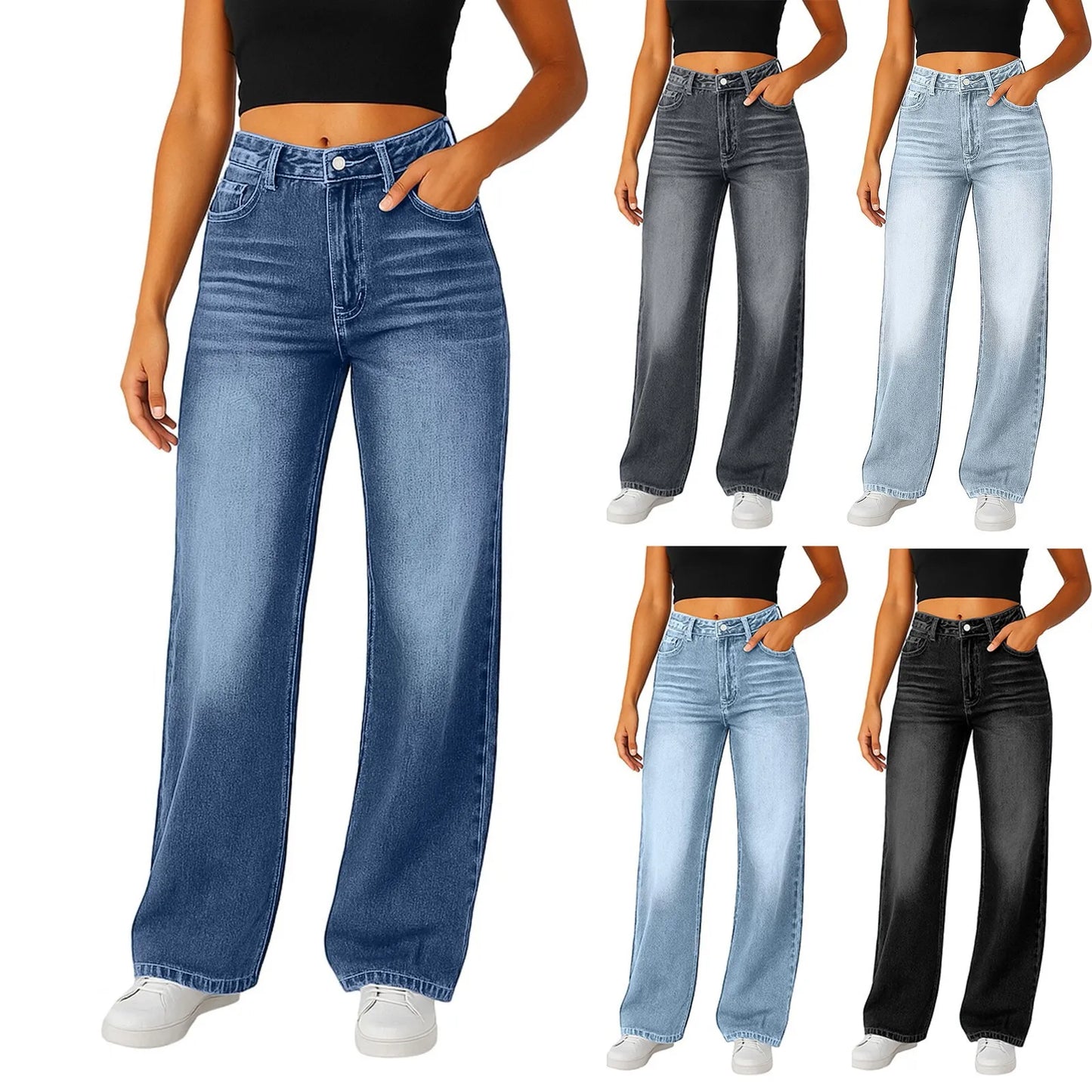 Jeans mit weitem Bein für Damen, hellblau, hohe Taille, schlichtes Design, modische Hose, locker sitzende Hose mit hohem Bund, geeignet für den Alltag