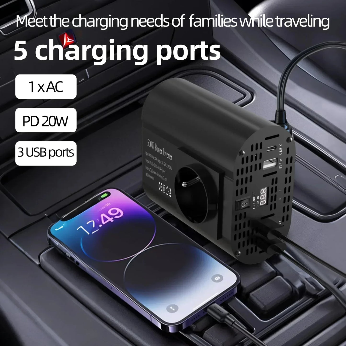 400 W/500 W Auto-Wechselrichter DC 12 V auf AC 220 V Konverter, 3 USB 2.0 und 1 USB QC3.0 Steckdose nach europäischem Standard