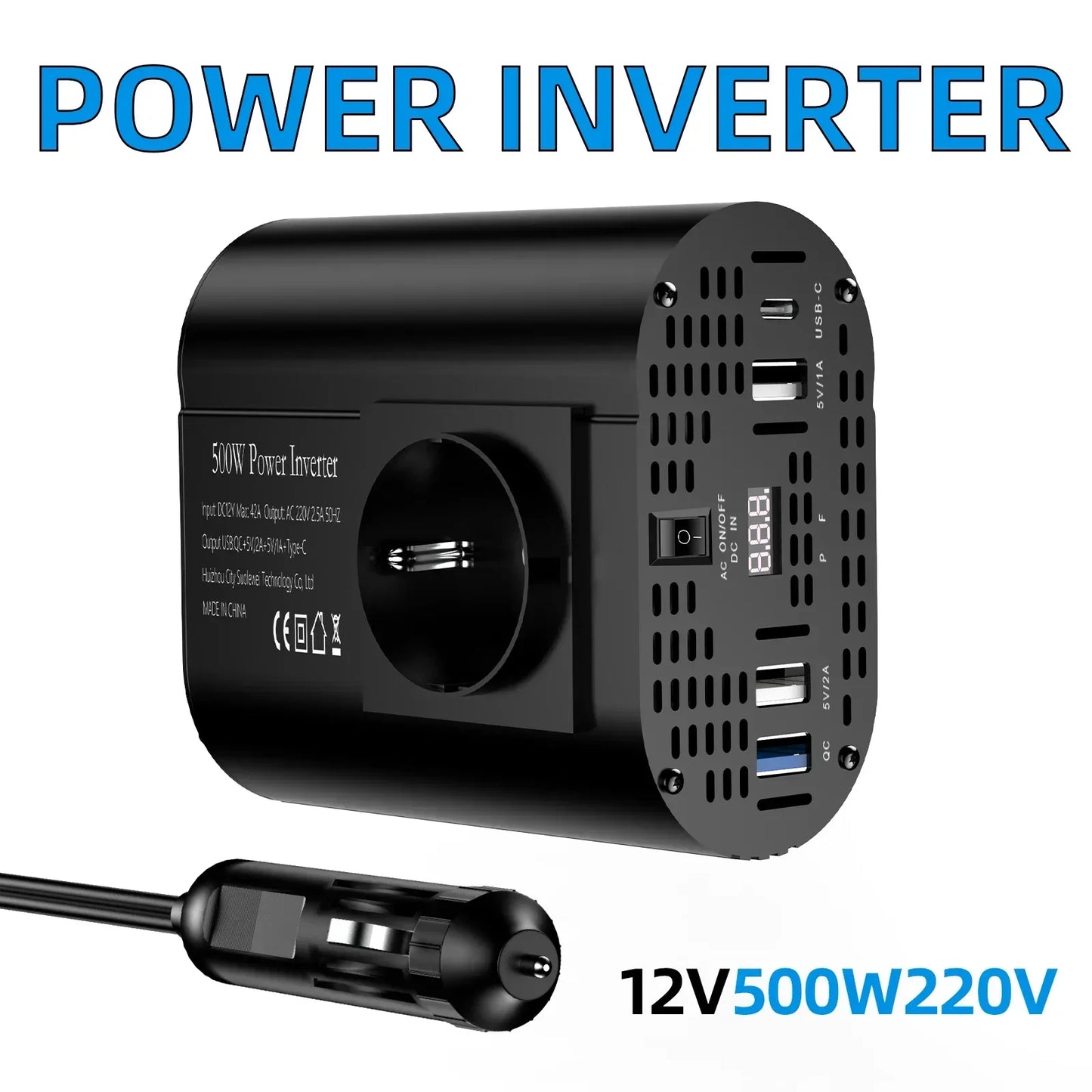 400 W/500 W Auto-Wechselrichter DC 12 V auf AC 220 V Konverter, 3 USB 2.0 und 1 USB QC3.0 Steckdose nach europäischem Standard