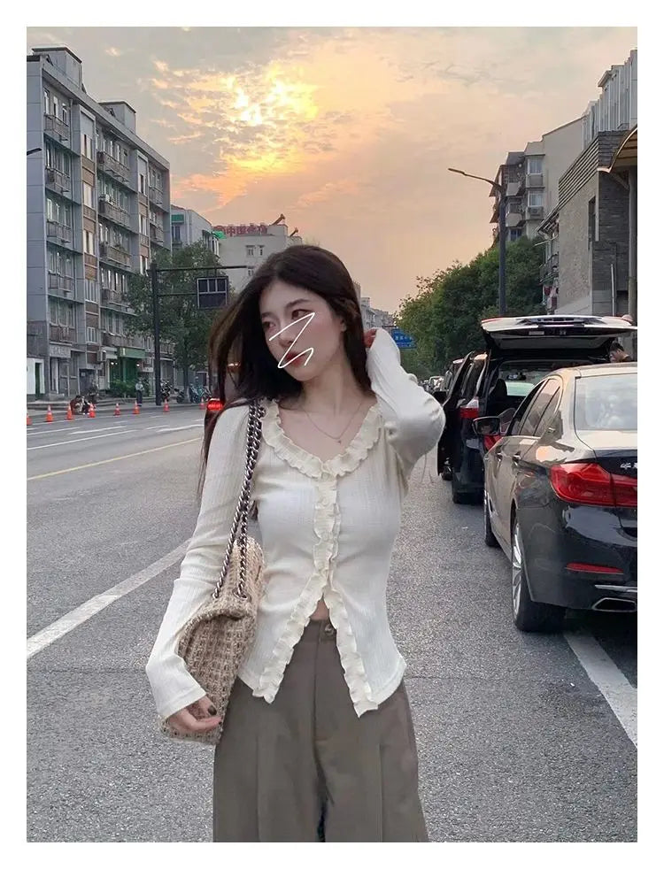 Dünne Hemden Frauen Langarm Frühling Elegante Büro Dame Vintage Rüschen Ziemlich Design Chic Gemütliche Tops Temperament Einfache Beliebt