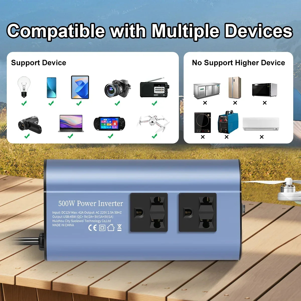 400 W/500 W Auto-Wechselrichter DC 12 V auf AC 220 V Konverter, 3 USB 2.0 und 1 USB QC3.0 Steckdose nach europäischem Standard