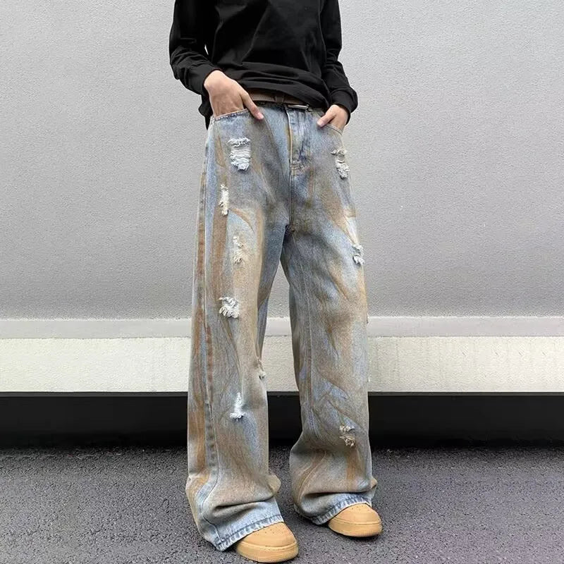 Japanische Jeans mit geradem Bein für Herren, lockere Hose mit weitem Bein, modische, lässige, zerrissene Jeans, Vintage-Y2k-Jeans