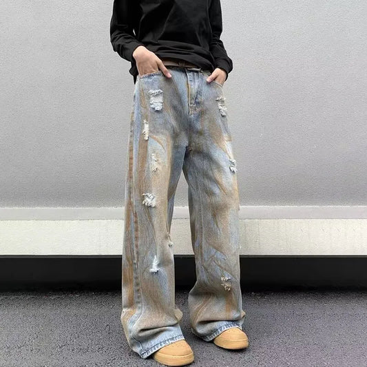 Japanische Jeans mit geradem Bein für Herren, lockere Hose mit weitem Bein, modische, lässige, zerrissene Jeans, Vintage-Y2k-Jeans
