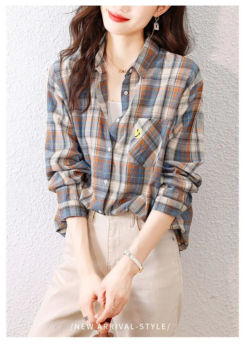Kariertes Hemd für Frauen im Frühjahr und Herbst neues modisches und Retro-Hemd aus reiner Baumwolle, getragen mit einem fremden