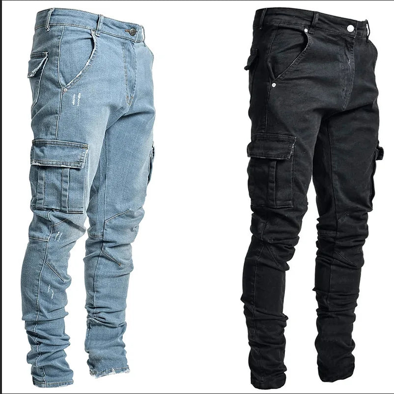 Jeans Männer Schwarz Cargo Hosen Multi Taschen Denim Pantalones Blau Slim Fit Overol Hombre Mode Casual Streetwear Hosen 3XL