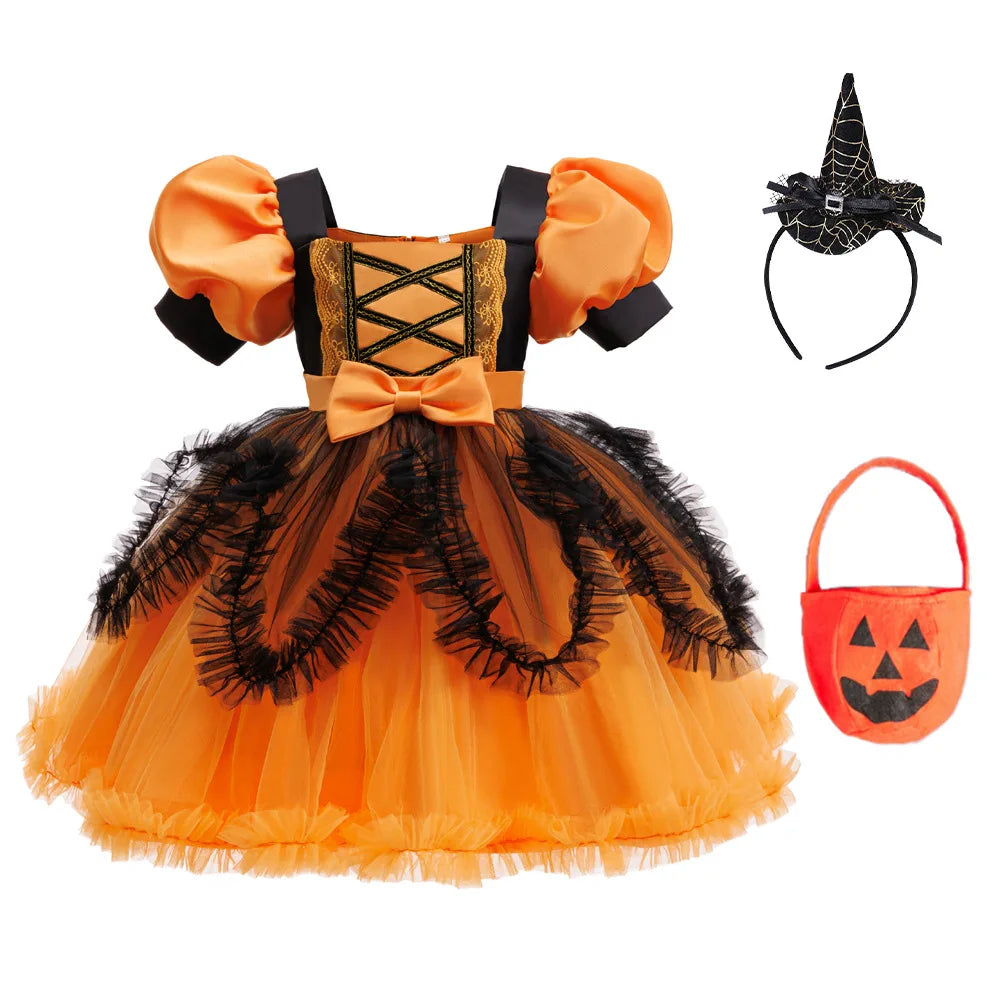 Halloween-Kostüm für Mädchen, Cosplay, Performance, Kinderkleid, orangefarbenes Kleid + Kürbis, komplettes Set an Kostümen für besondere Anlässe
