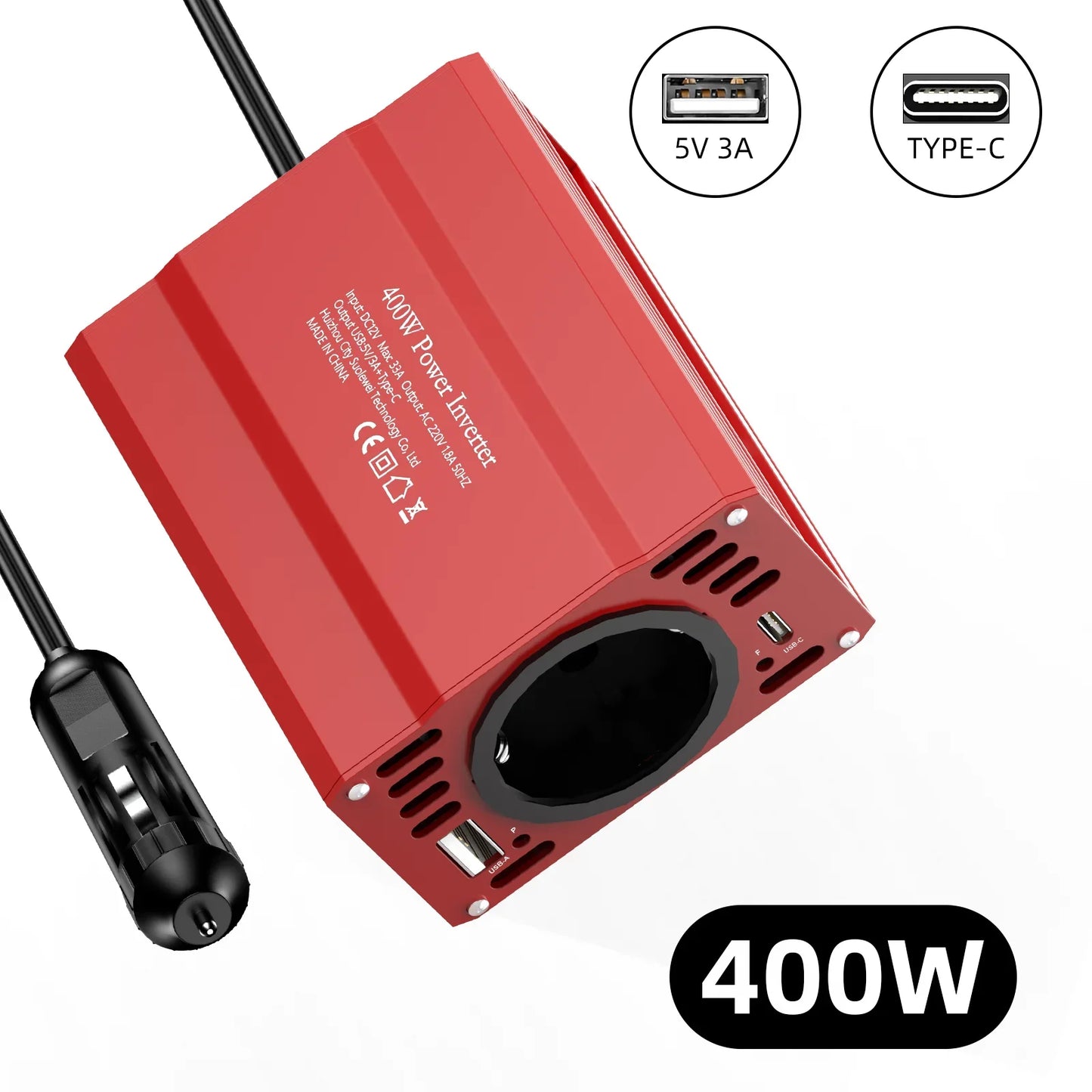 400 W/500 W Auto-Wechselrichter DC 12 V auf AC 220 V Konverter, 3 USB 2.0 und 1 USB QC3.0 Steckdose nach europäischem Standard