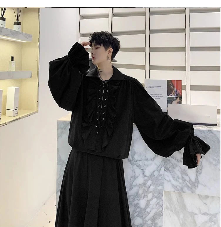 Piratenhemd für Herren, Vintage-Gothic-Renaissance-Stil, Rüschen, Schnürung, mittelalterliches Buccaneer-Blusenoberteil für alle Jahreszeiten