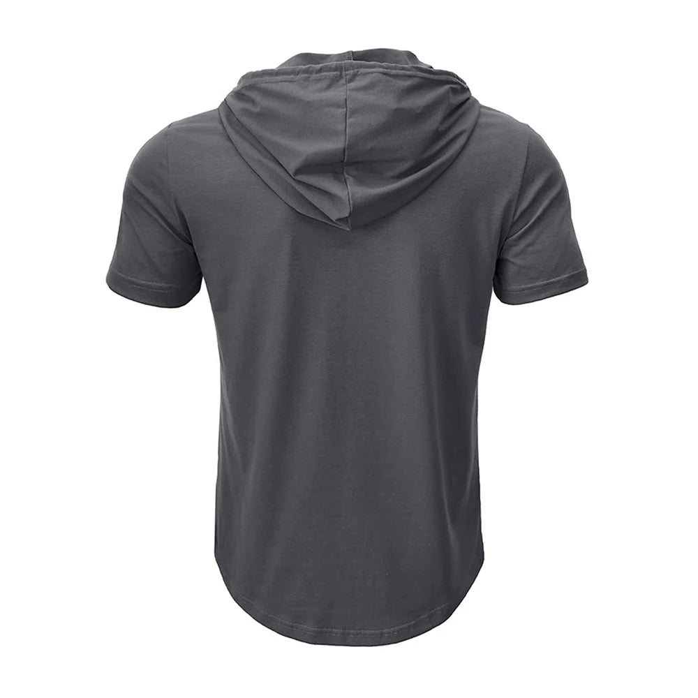 Herren T-Shirt Sommer Slim Fitness Kapuzen Kurzarm T-Shirts Männlich Leichter Hoodie Fitness Atmungsaktive Sport Tops