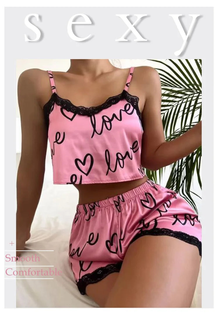 2 Stück Set Damen Pyjama Shorts Anzug Homewear Print Unterwäsche Pijama sexy Dessous Leibchen Panzer für Damen Nachtwäsche