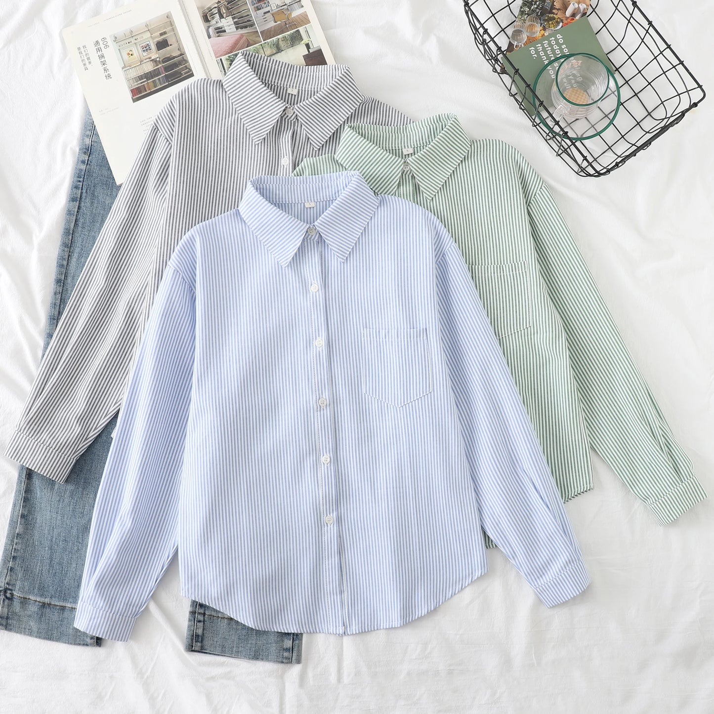 Einfache weiß blau rot gestreifte Hemd Frauen Frühling neue weibliche lässige Langarm Blusen und Tops Mode Damen Kleidung