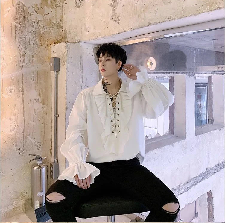 Piratenhemd für Herren, Vintage-Gothic-Renaissance-Stil, Rüschen, Schnürung, mittelalterliches Buccaneer-Blusenoberteil für alle Jahreszeiten