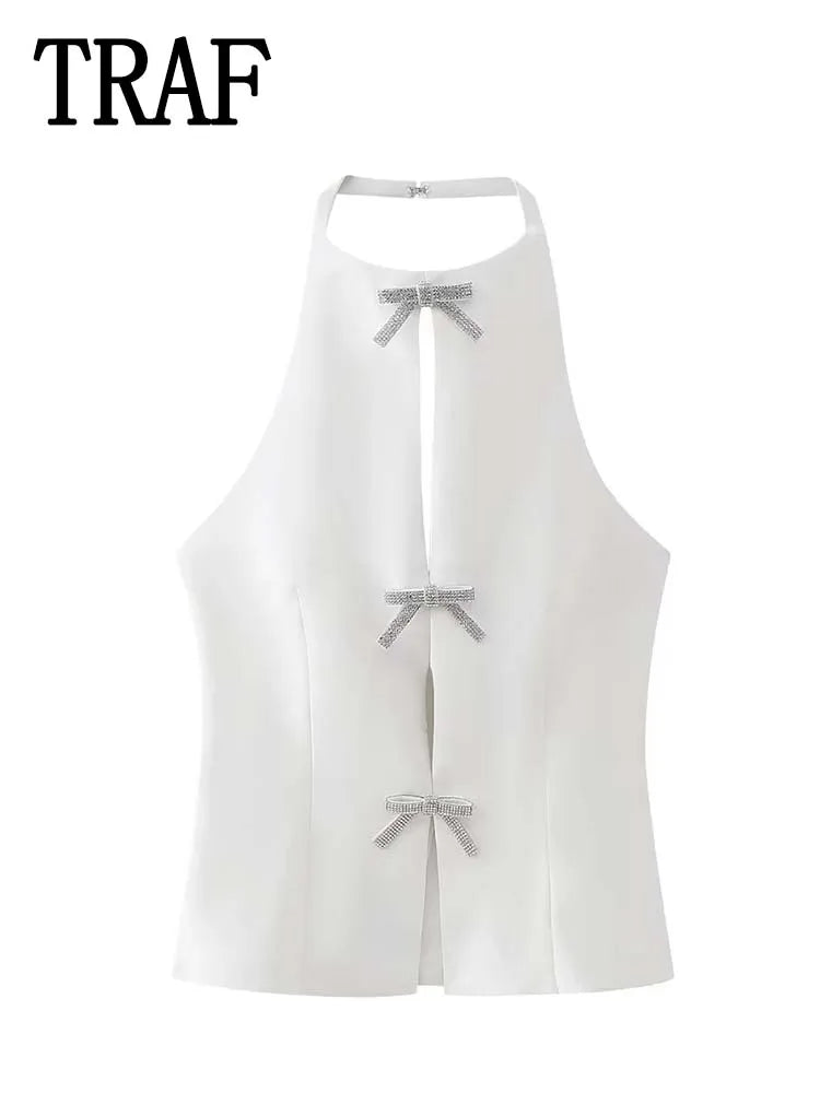 Sommer Top Weibliche Schmuck Bogen Dekoration Hängenden Hals Kragen Ärmelloses Top 2025, frauen Hübsche Sling Top