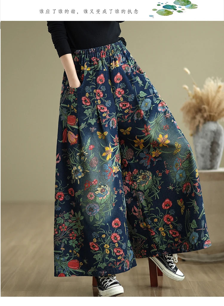 Jeans Blume Floral Print Herbst Breite Bein Hose Frauen Lose Gefaltete Mode Damen Übergroßen Hosen Elastische Taille Frau Hosen