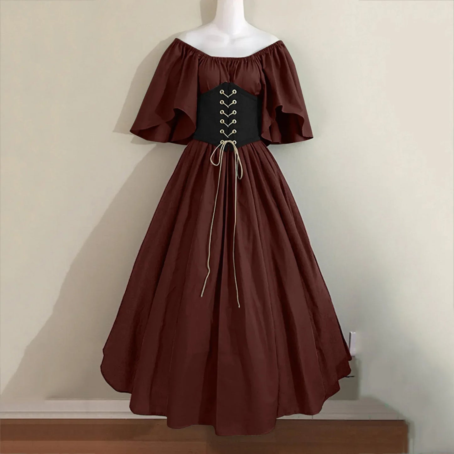Halloween-Kostüme für Damen, mittelalterlich, Retro, Kontrastfarbe, schmales Swing-Kleid, Ein-Wort-Schulterkleid, Love Live Cosplay