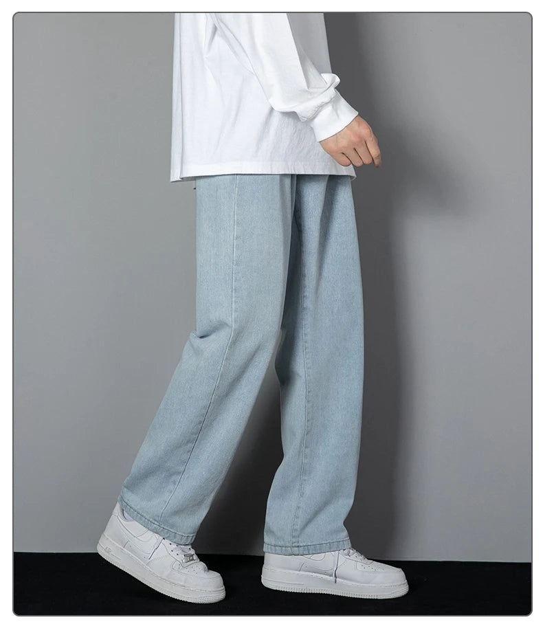 2025 neue Koreanische männer Casual Lange Jeans Klassische Mann Gerade Denim Breite bein Hosen Einfarbig Hellblau grau Schwarz