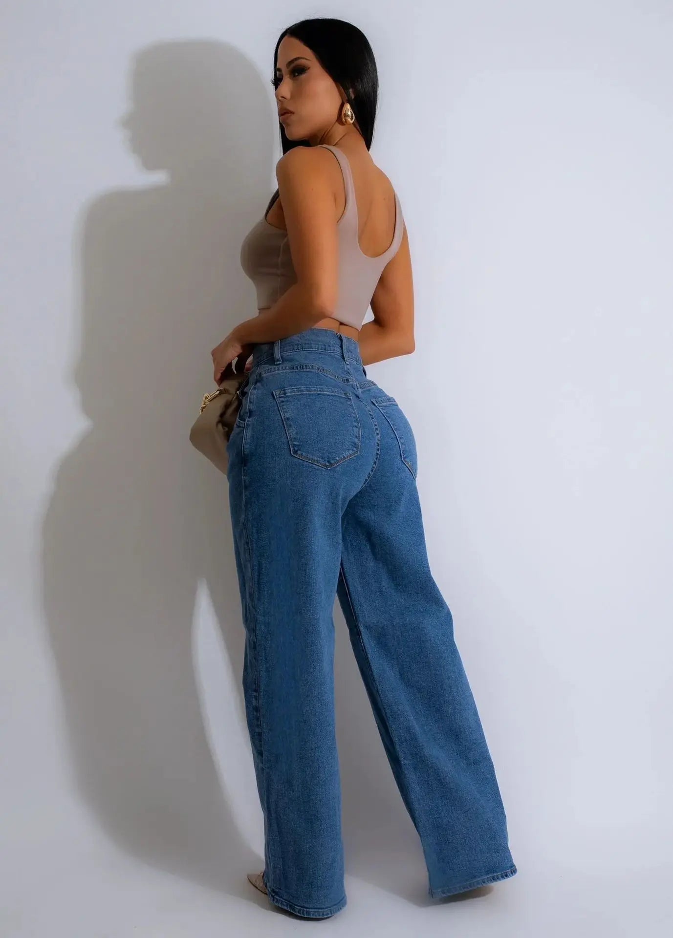 Jeans Frauen lange Hosen Denim weites Bein Hose Slim Fit lässig y2k Streetwear Knopf Tasche hohe Taille elegante gerade Hose