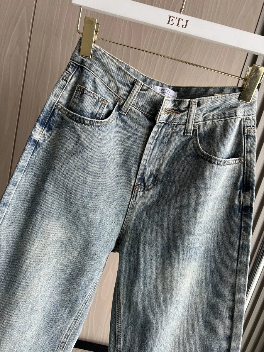 ETJ Damen-Jeans mit weitem Bein und hoher Taille, klassisch, alles mit fünf Taschen, gewaschen, weich, bequem, ultralange Jeans6045022