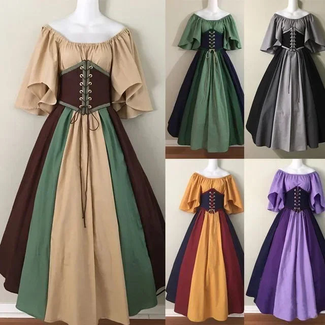 Halloween-Kostüme für Damen, mittelalterlich, Retro, Kontrastfarbe, schmales Swing-Kleid, Ein-Wort-Schulterkleid, Love Live Cosplay