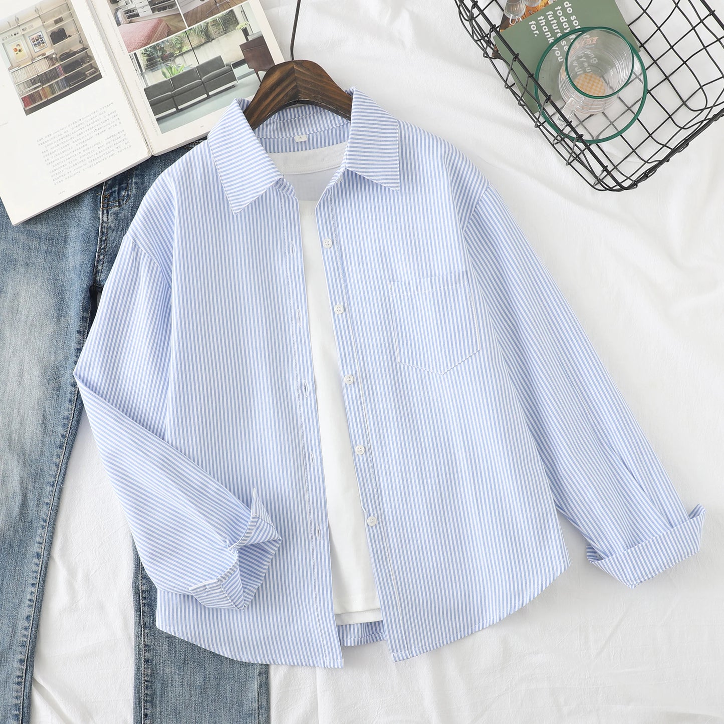 Einfache weiß blau rot gestreifte Hemd Frauen Frühling neue weibliche lässige Langarm Blusen und Tops Mode Damen Kleidung