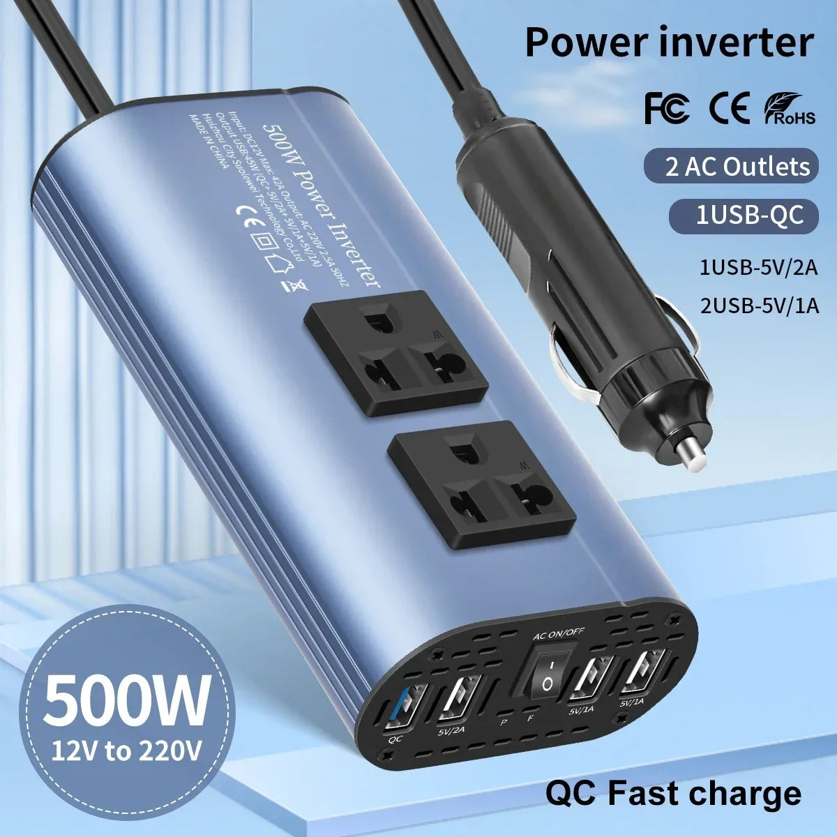400 W/500 W Auto-Wechselrichter DC 12 V auf AC 220 V Konverter, 3 USB 2.0 und 1 USB QC3.0 Steckdose nach europäischem Standard