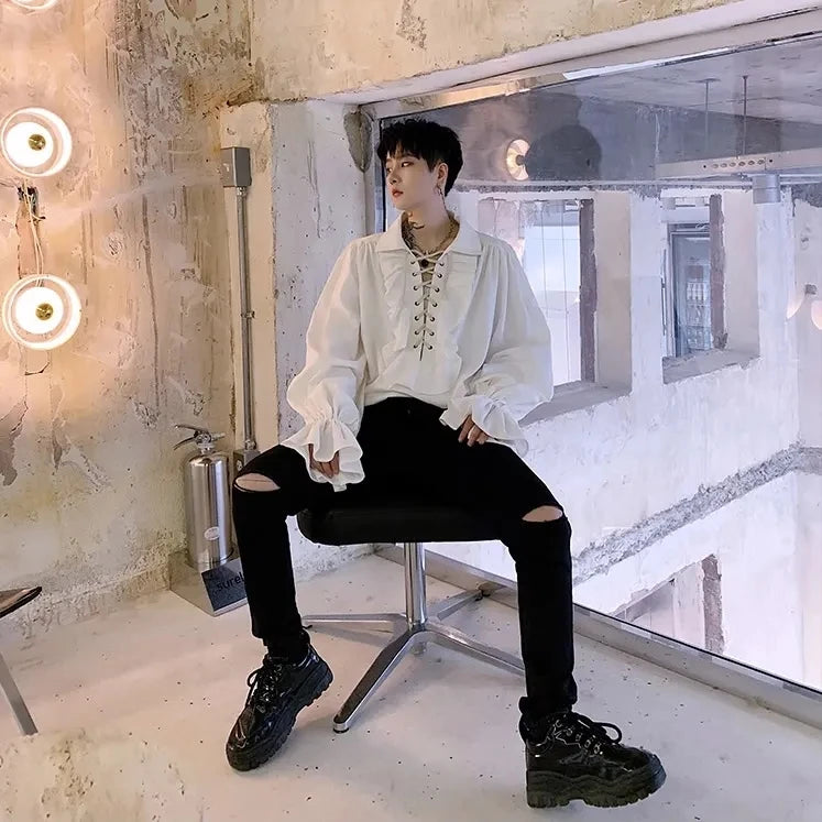 Piratenhemd für Herren, Vintage-Gothic-Renaissance-Stil, Rüschen, Schnürung, mittelalterliches Buccaneer-Blusenoberteil für alle Jahreszeiten