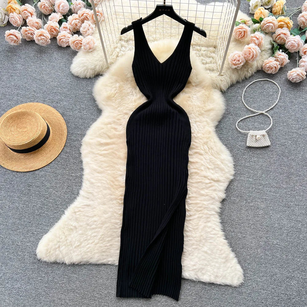 YuooMuoo Chic Mode Sexy Wrap Hüften Split Gestrickte Herbst Kleid Frauen Dünne Elastische Bodycon Langes Kleid Streetwear Outfits Vestido