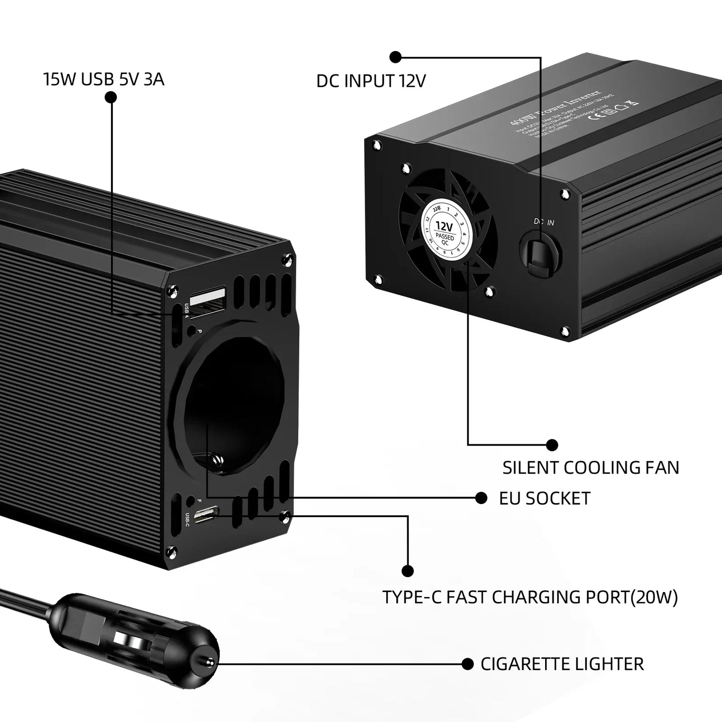 400 W/500 W Auto-Wechselrichter DC 12 V auf AC 220 V Konverter, 3 USB 2.0 und 1 USB QC3.0 Steckdose nach europäischem Standard