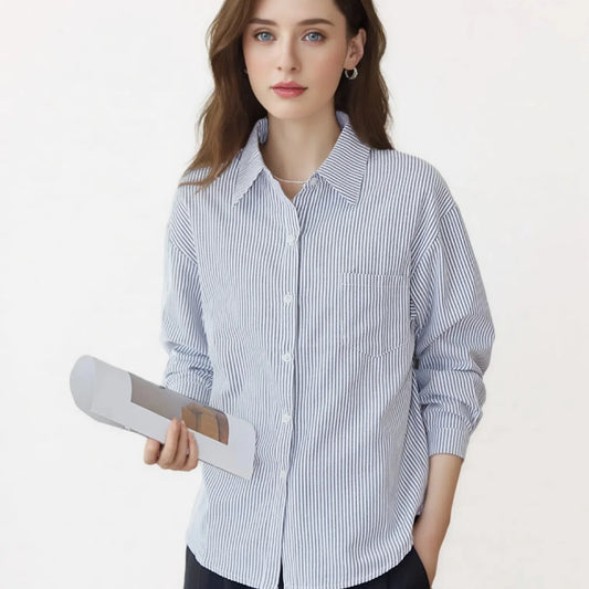 Einfache weiß blau rot gestreifte Hemd Frauen Frühling neue weibliche lässige Langarm Blusen und Tops Mode Damen Kleidung