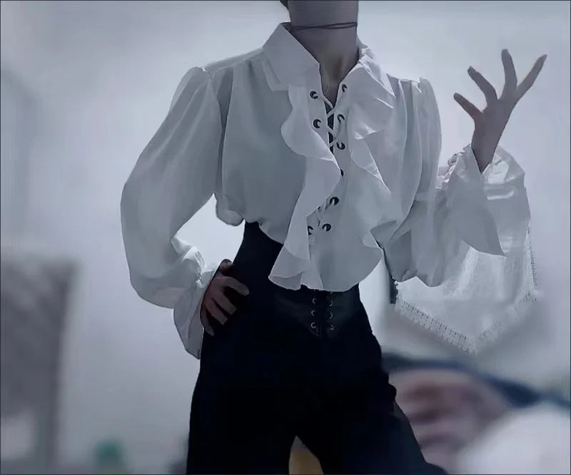 Piratenhemd für Herren, Vintage-Gothic-Renaissance-Stil, Rüschen, Schnürung, mittelalterliches Buccaneer-Blusenoberteil für alle Jahreszeiten