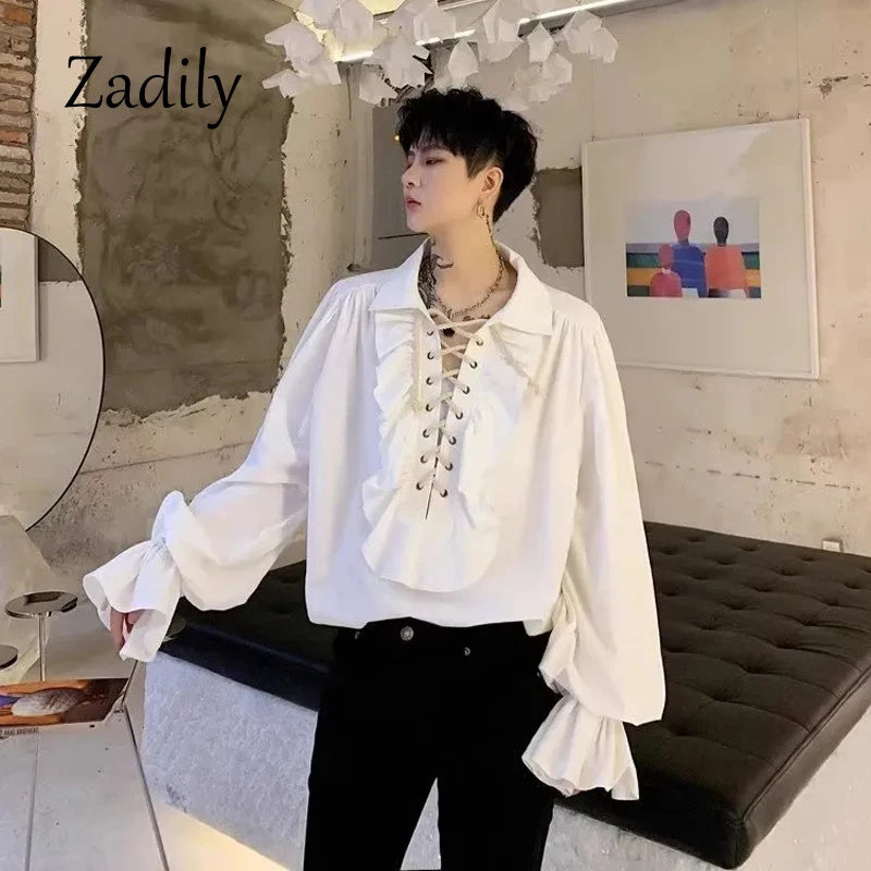 Piratenhemd für Herren, Vintage-Gothic-Renaissance-Stil, Rüschen, Schnürung, mittelalterliches Buccaneer-Blusenoberteil für alle Jahreszeiten