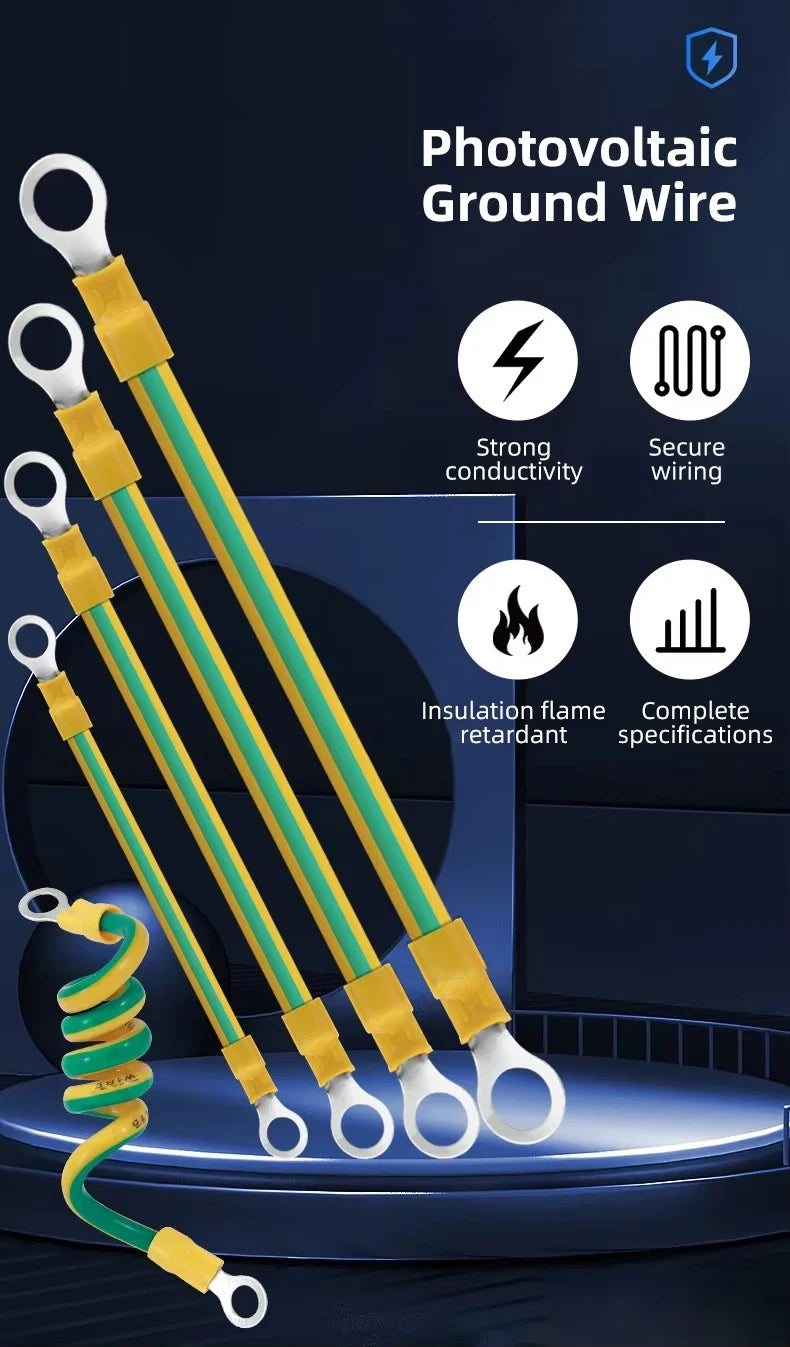 10AWG 12AWG 14AWG Solar-PV-Erdungskabel mit Anschluss 2,5 mm, 4 mm, 6 mm Erdungsdrahtloch, 6 mm gelb-grünes flexibles Kupfer-Erdungskabel